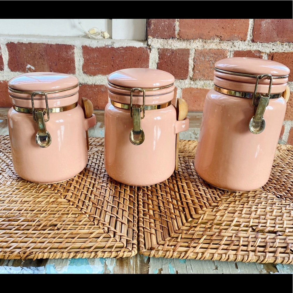 Vintage peachy pink canisters with gold closure